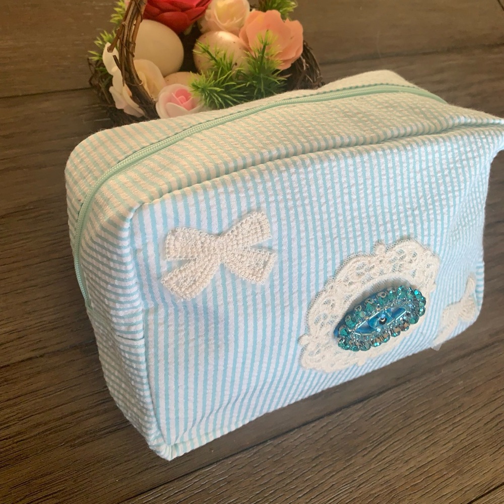 Cosmetic Pouch lace Beaded Accent Cheshire Cat pick one Blue or Pink